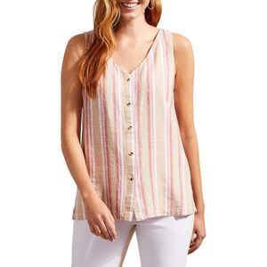 Tribal Jeans Womens Linen Top‎ Medium Pink Beige Stripe Button Up Western Boho